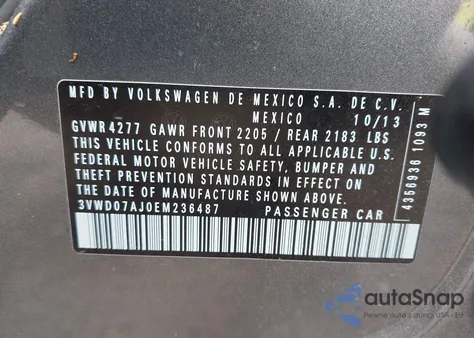 2014 Volkswagen Jetta 1.8T Se z USA, uszkodzony, nr VIN 3VWD07AJ0EM236487